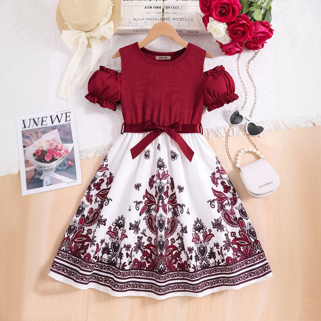 Girls Maroon Floral Printed Cold Shoulder Fit And Flared Midi Dress Casual Dresses Maroon 3-4 Y
