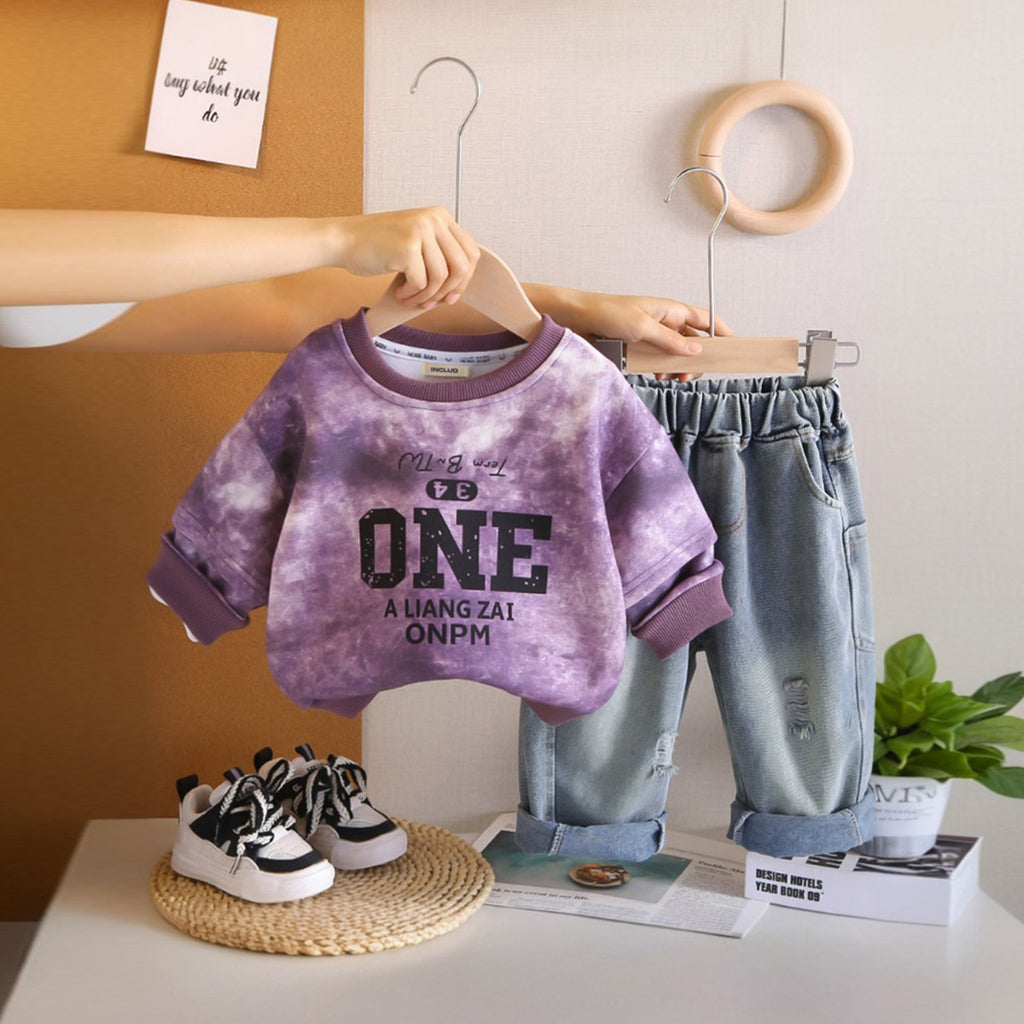 Boys Purple Printed Tie And Dye Sweatshirt With Denim Trousers Sets 2 pc. Sets Purple 1-2 Y