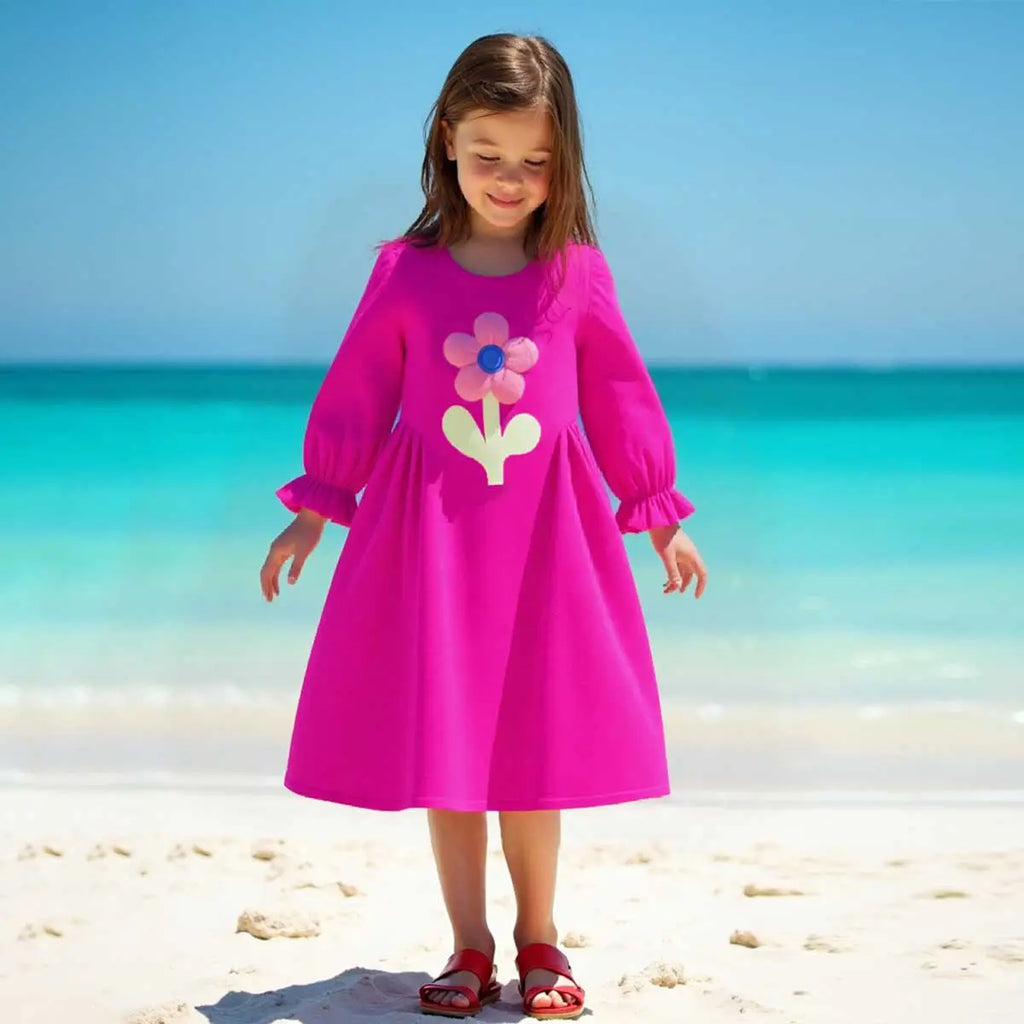 Girls Fuchsia Solid Flower Appliqued A-line Dress Casual Dresses Fuchsia 3-4 Y