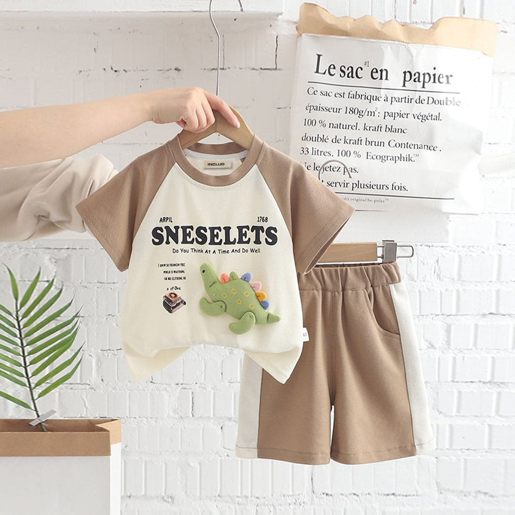 Boys Raglan Sleeve Typography Print T-Shirt With Shorts 2 pc. Sets Light Brown 1-2 Y 