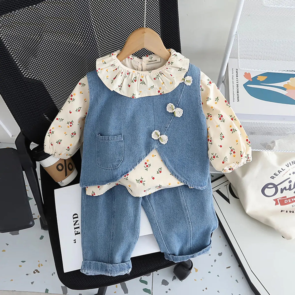 Girls Light Blue Denim Vest With Printed Top & Denim Pants Set Sets Light Blue 1-2 Y