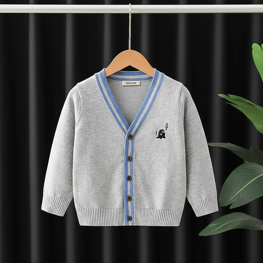 Boys Grey Small Dinosaur Embroidered Knitted Cardigan Sweaters & Cardigans Grey 1-2 Y