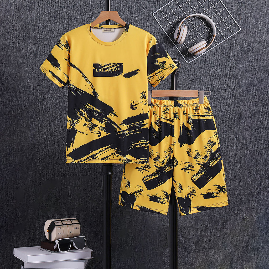Boys Yellow Abstract Printed T-Shirt With Elasticated Shorts Set 2 pc. Sets Yellow 5-6 Y