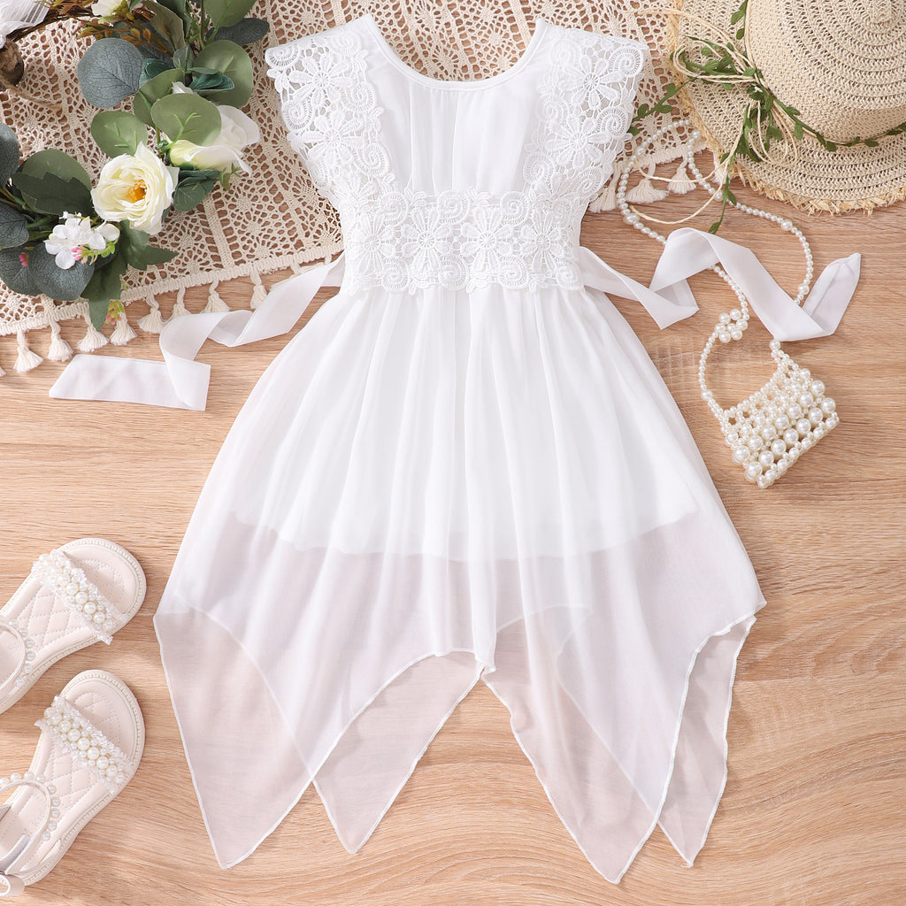Girls White Floral Lace Handkerchief Hem Dress Casual Dresses White 1-2 Y
