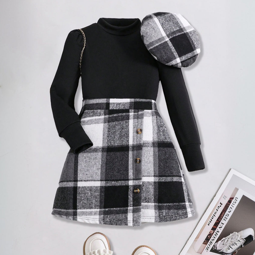 Girls Stand Collar Rib Top With Black Checked Skirt & Beret Hat Set Sets Black 7-8 Y