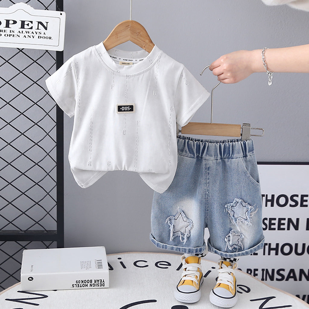 Boys White Short Sleeve Printed T-Shirt With Denim Shorts Set 2 pc. Sets White 1-2 Y