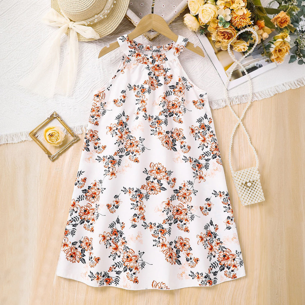 Girls White Floral Printed Halter Neck Summer Casual Dress Casual Dresses White 3-4 Y