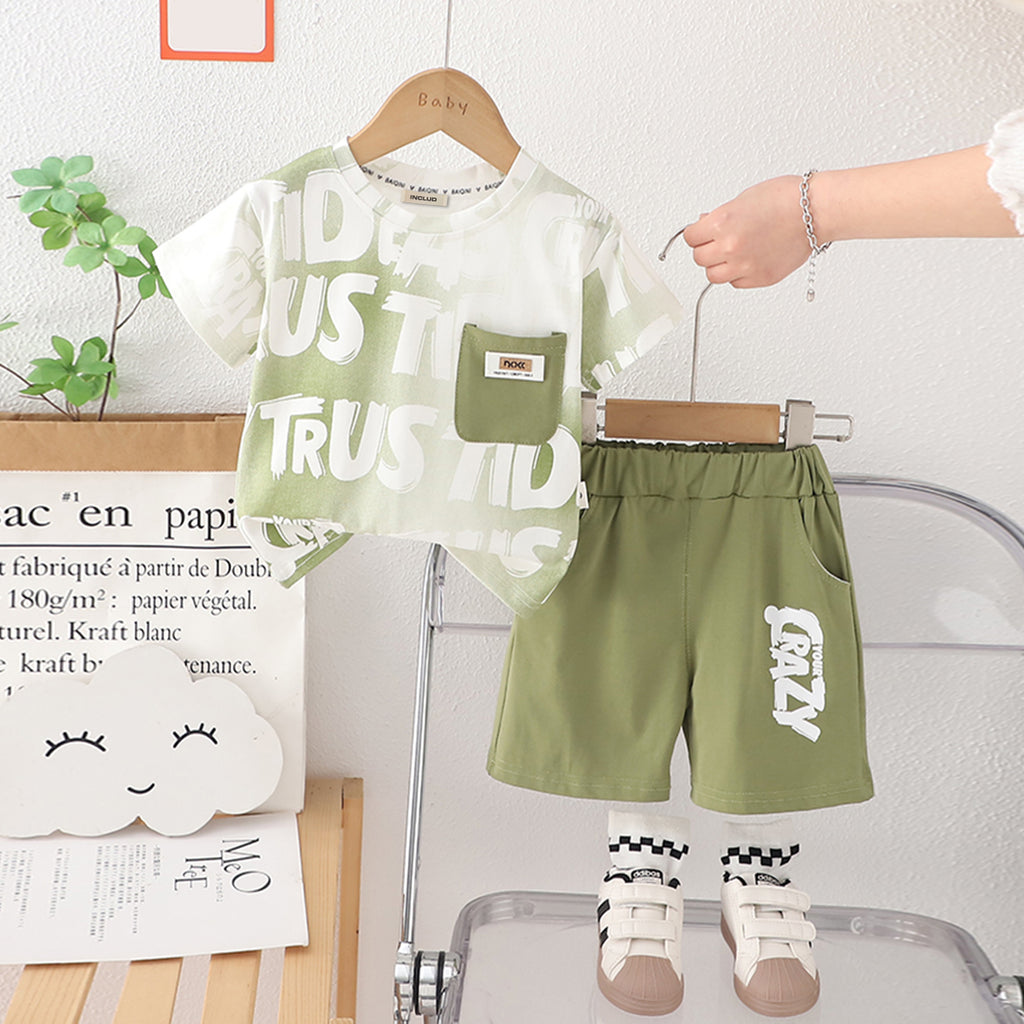 Boys Green Printed Contrast Pocket T-Shirt With Shorts Set 2 pc. Sets Green 1-2 Y