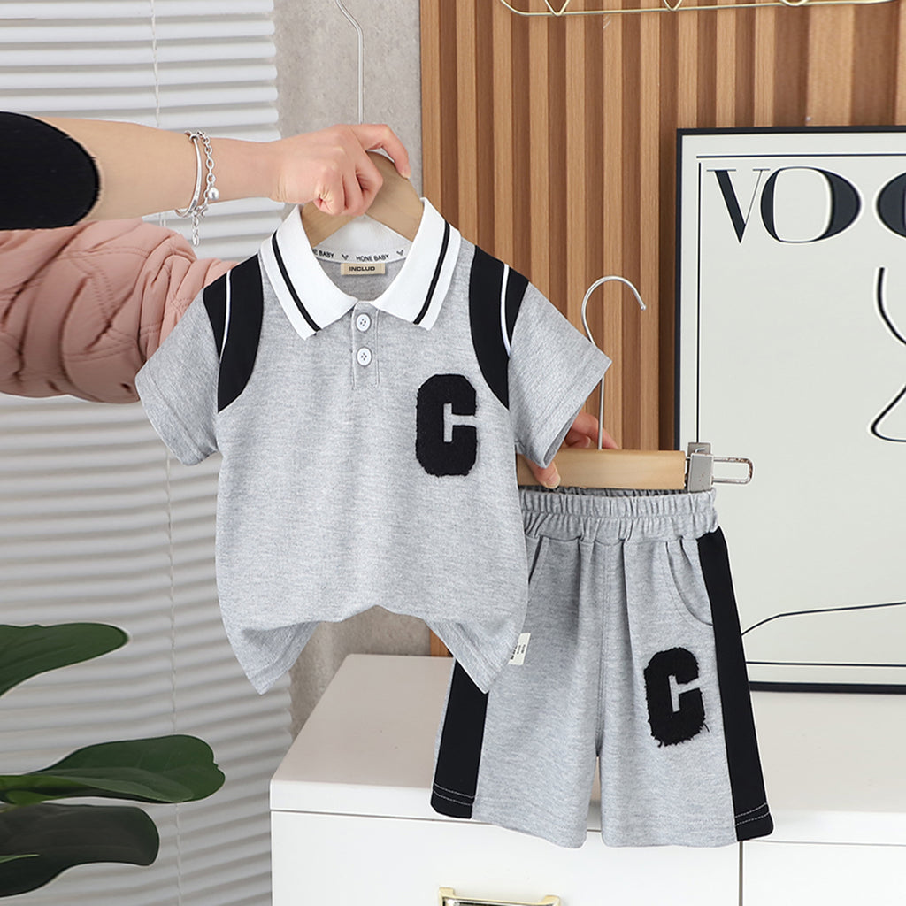 Boys Grey Melange Colourblocked Polo T-shirt with Shorts Set 2 pc. Sets Grey 1-2 Y