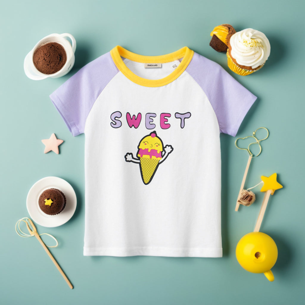 Girls Printed Raglan Sleeves T-shirt Tshirts Purple 1-2 Y 