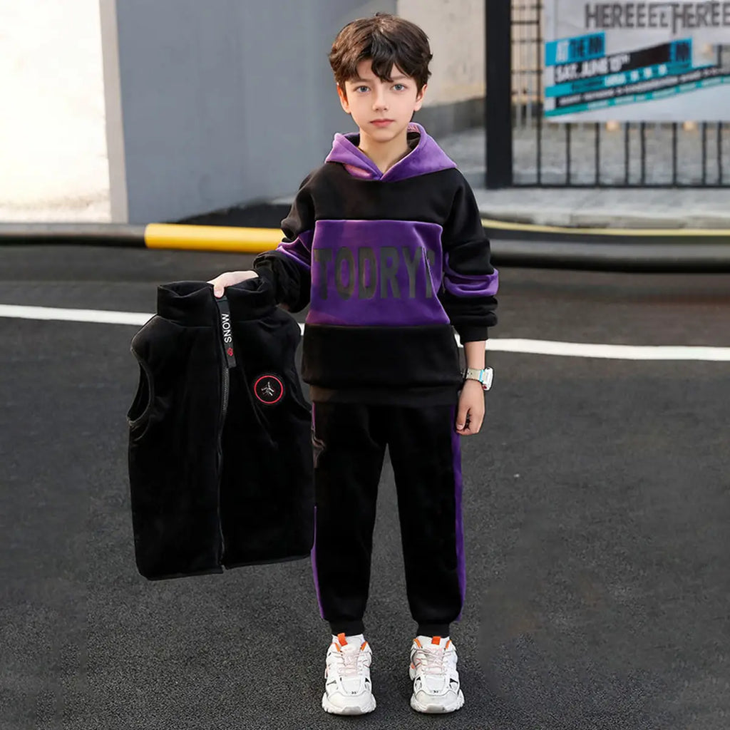 Boys Purple Typographic Printed Hooded Sweatshirt With Vest & Jogger Sets Sets Purple 5-6 Y