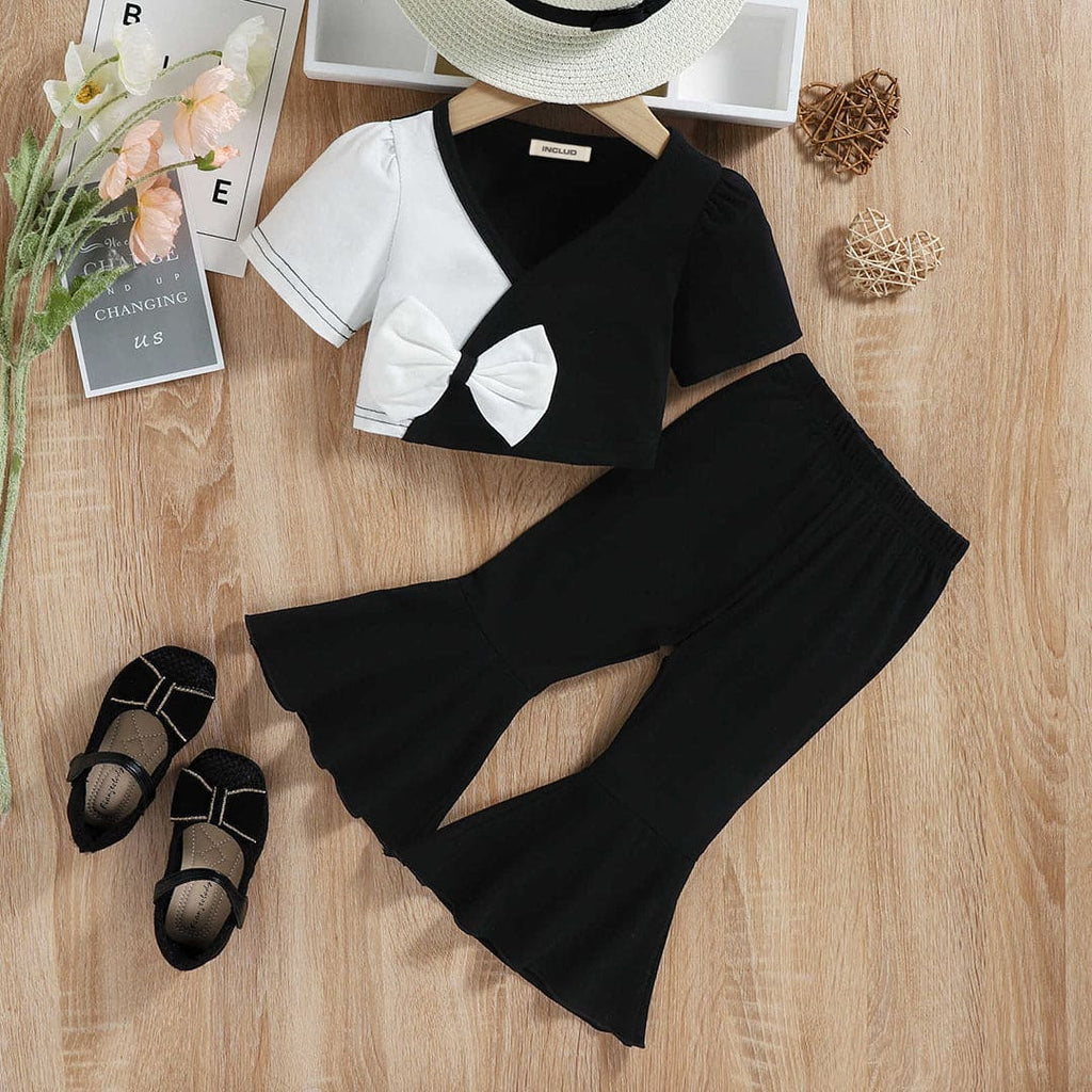 Girls Short Sleeve Crop Length Top With Wide Leg Pants 2 pc. Sets Black 1-2 Y 