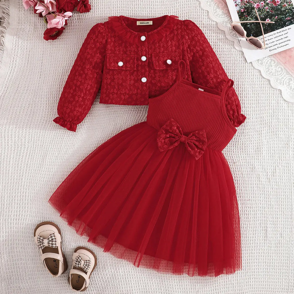 Girls Red Bow Fit & Flare Dress With Floral Self Design Long Sleeves Crop Jacket Casual Dresses Red 2-3 Y