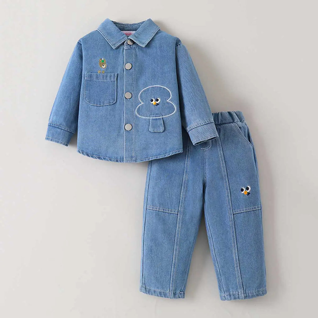 Boys Blue Embroidered Denim Shirt & Pants Co-ord Sets Sets Blue 1-2 Y