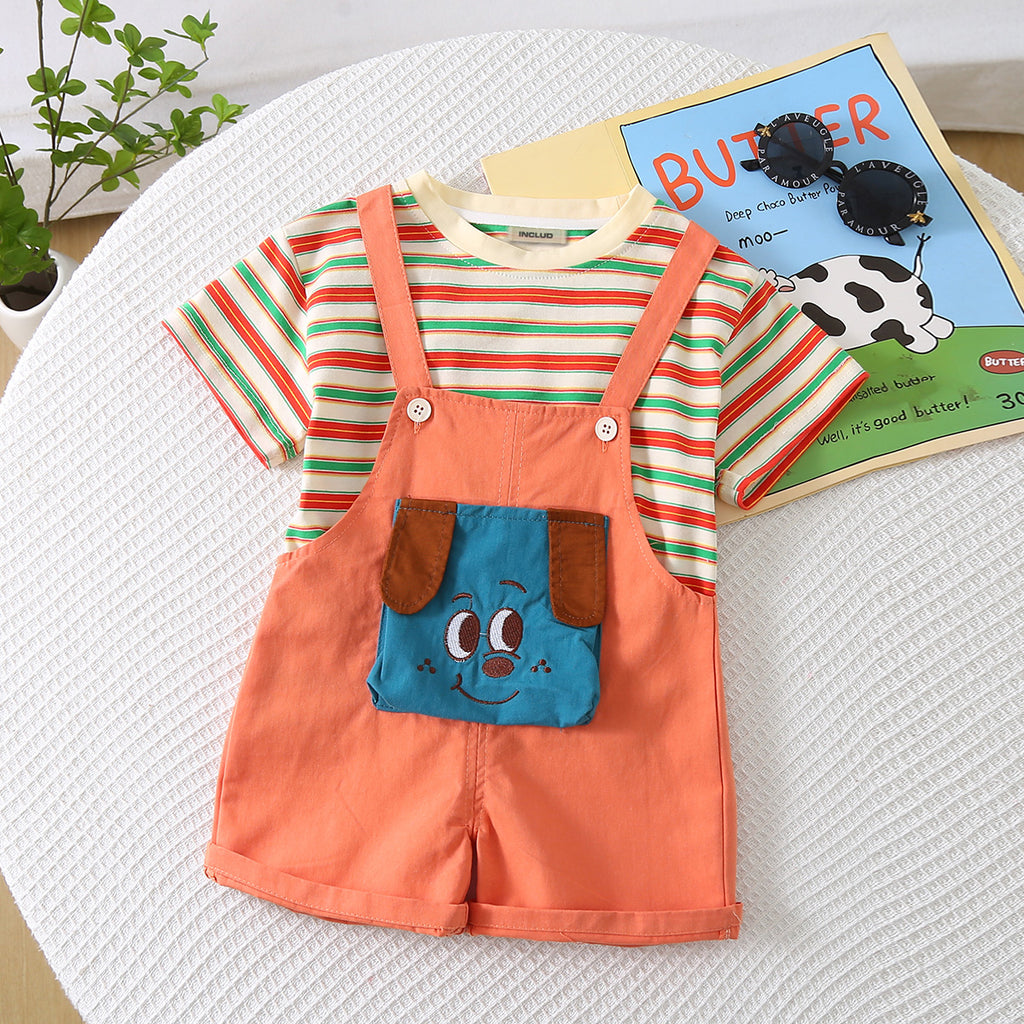 Boys Orange Striped T-shirt with Puppy Patch Dungaree Set Sets Orange 1-2 Y