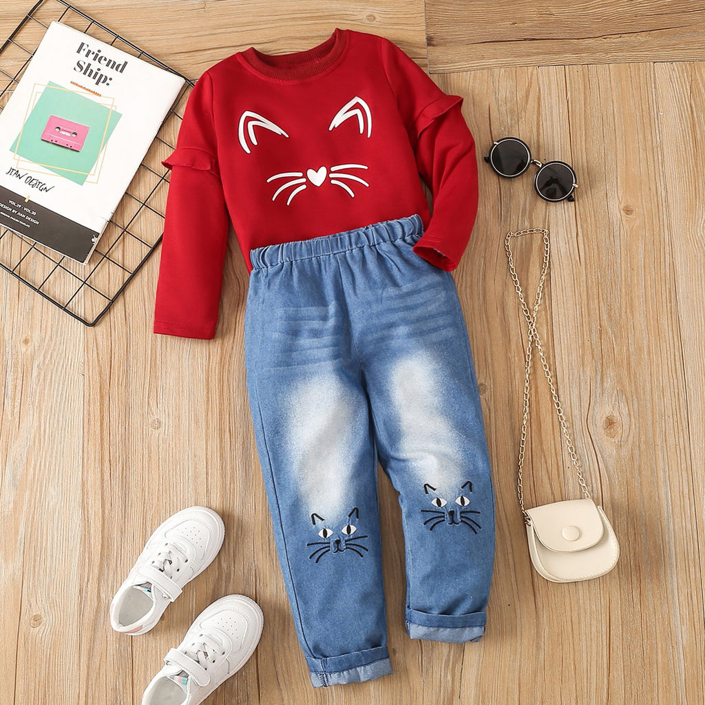 Girls Red Cat Printed Full Sleeves Top with Cat Embroidered Jeans Set Sets Red 3-4 Y