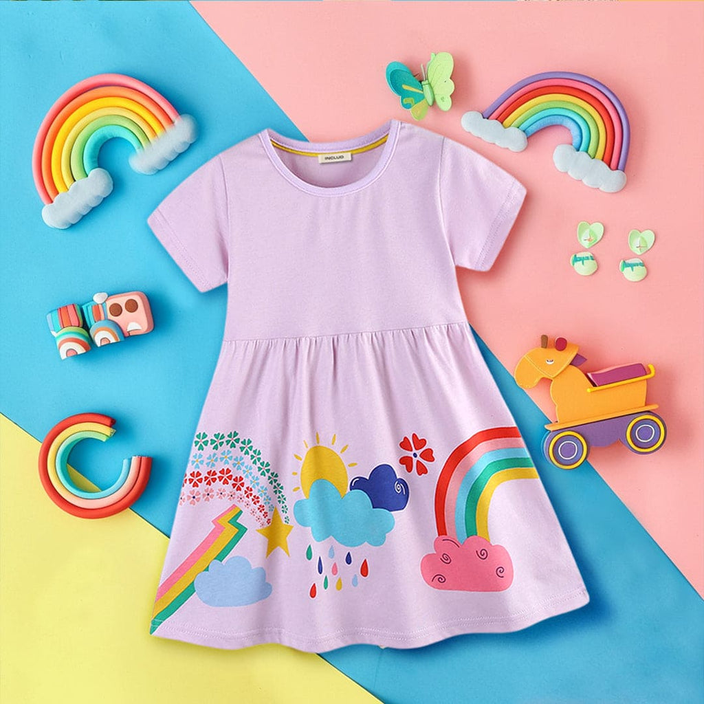 Girls Short Sleeve Rainbow Graphic Dress Casual Dresses Purple 1-2 Y 