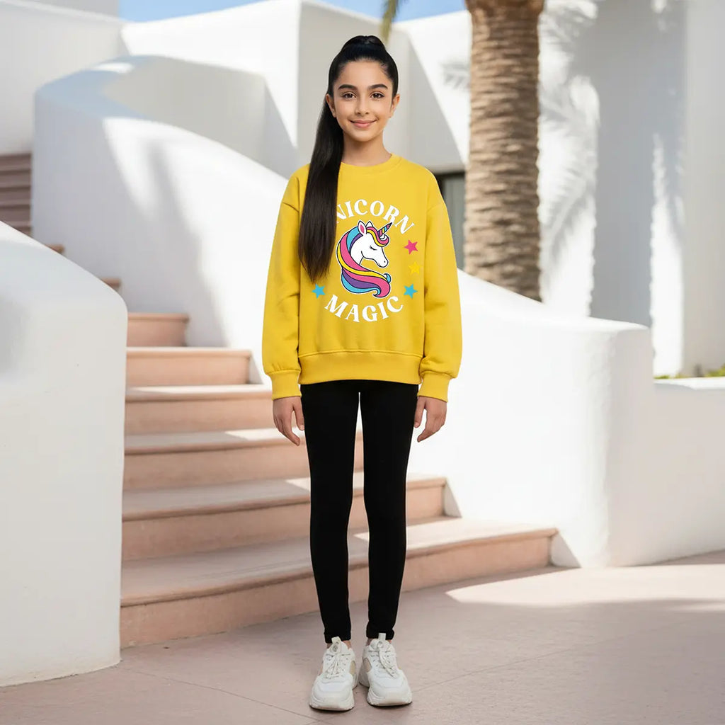 Girls Yellow Unicorn Magic Graphics Round Neck Sweatshirt Sweatshirts & Hoodies Yellow 1-2 Y