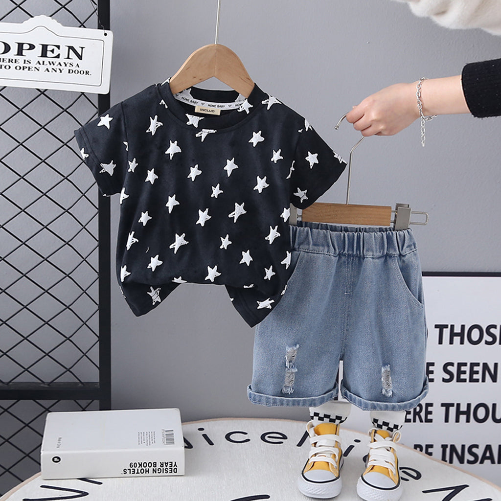 Girls Black Star Print T-Shirt With Denim Shorts Set 2 pc. Sets Black 1-2 Y