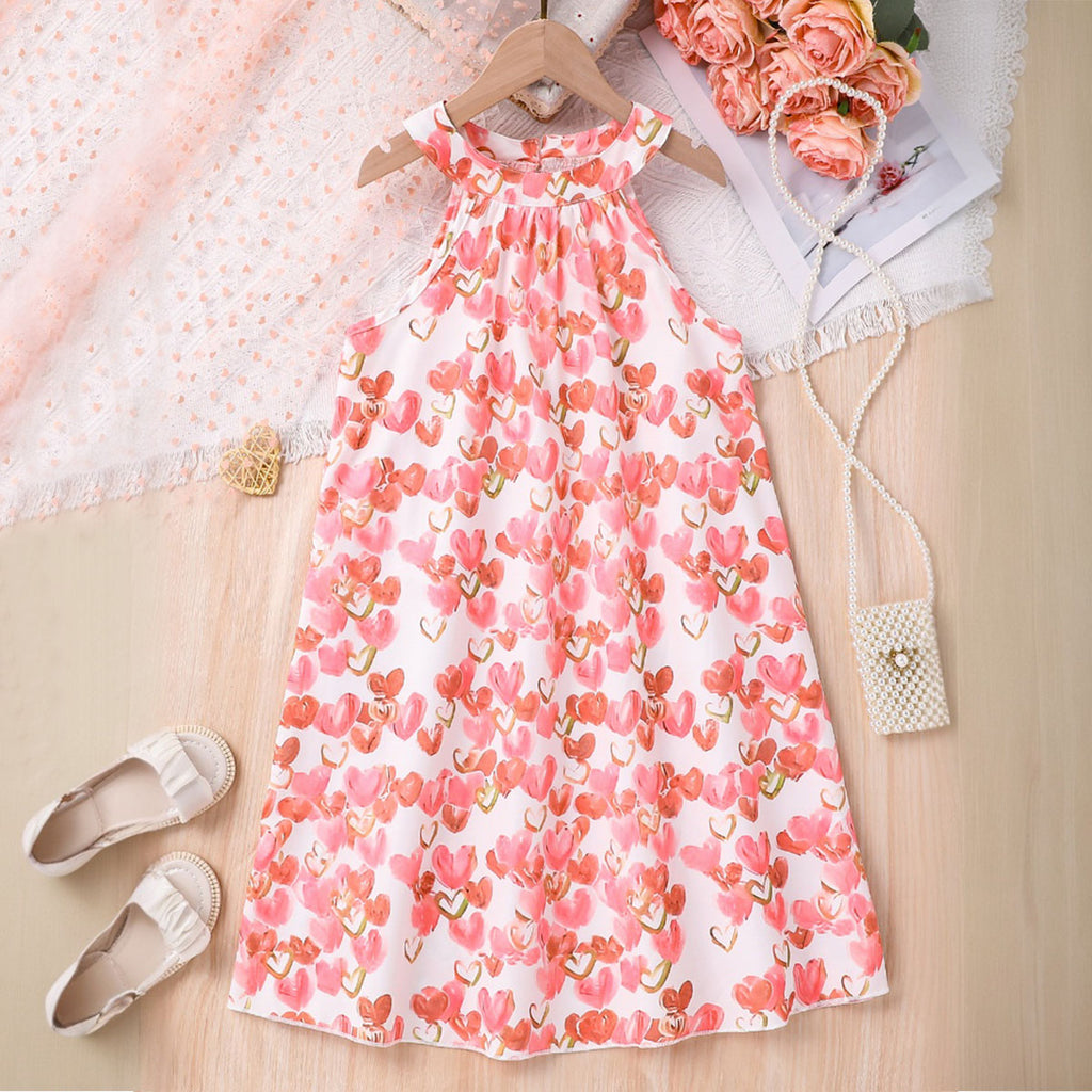 Girls Multicolor Heart Printed Halter Neck Sleeveless A-Line Dress Casual Dresses Multicolor 3-4 Y