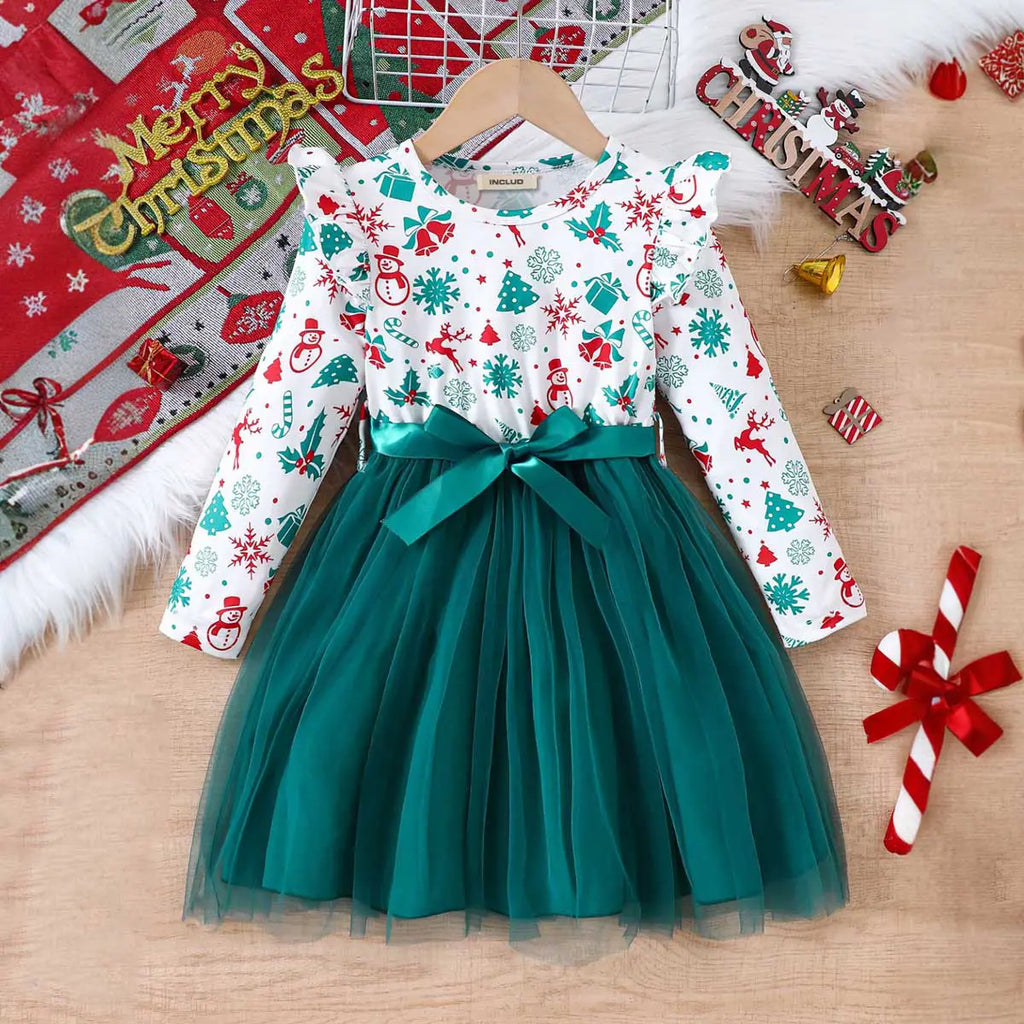 Girls Green Christmas Theme Printed Fit & Flare Dress Casual Dresses Green 3-4 Y