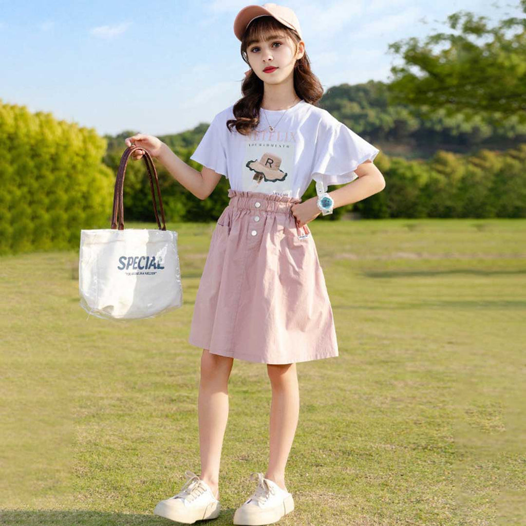 Girls Netflix Print T-Shirt With Denim Skirt Set 2 pc. Sets Pink 5-6 Y 