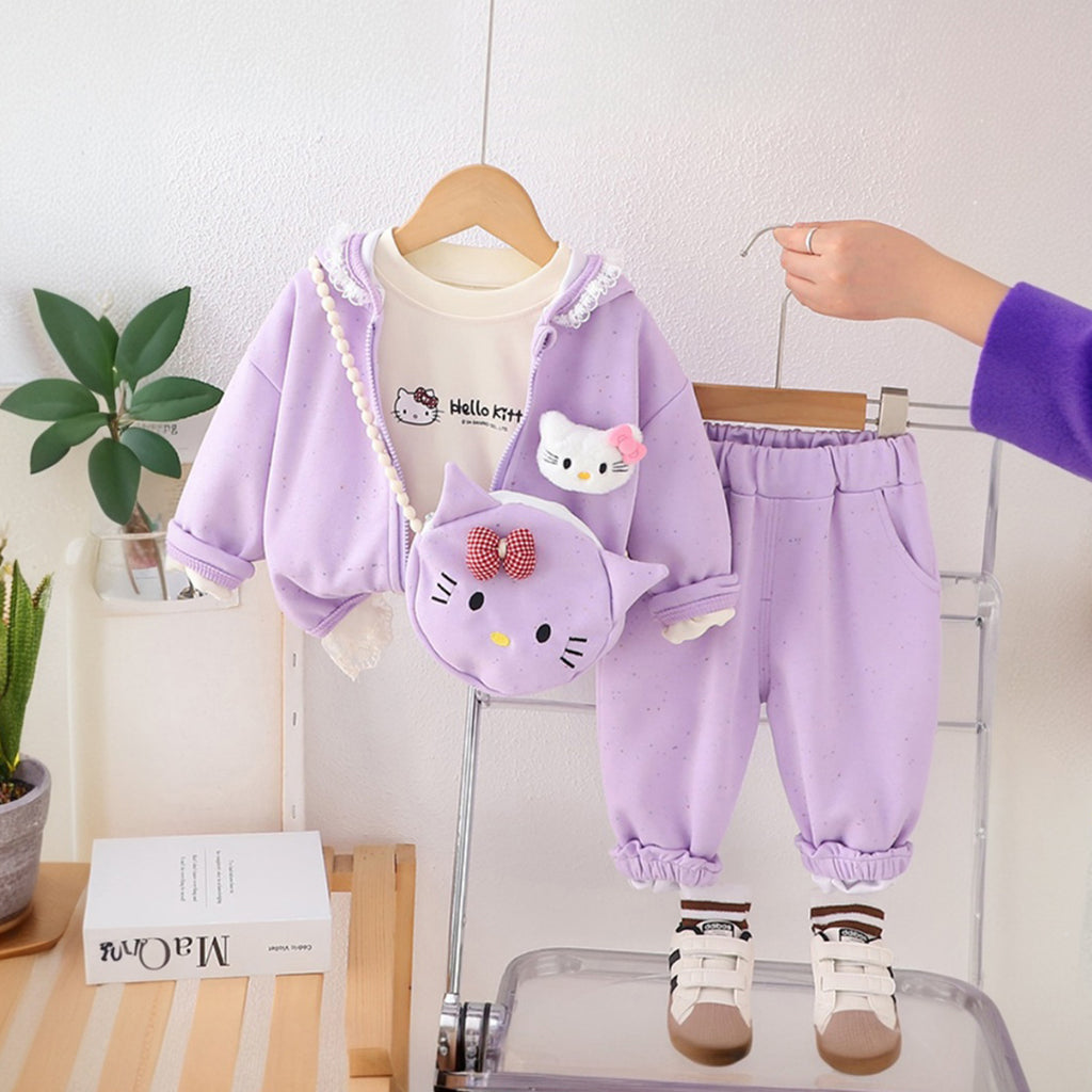 Girls Purple Embroidered Sweatshirt With T-Shirt, Pants & Bag Sets 4 pc. Sets Purple 1-2 Y