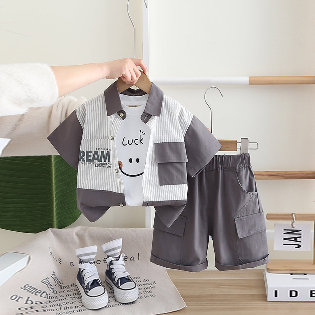 Boys Grey Color-Blocked Shirt With T-Shirt And Cargo Shorts Set Sets Grey 1-2 Y