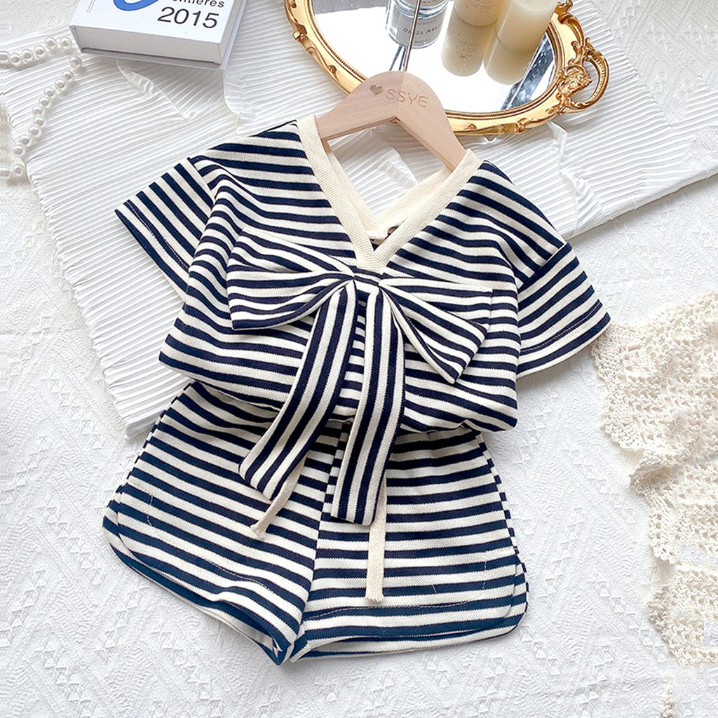 Girls Striped Bow Applique Top With Shorts Sets Black 1-2 Y 