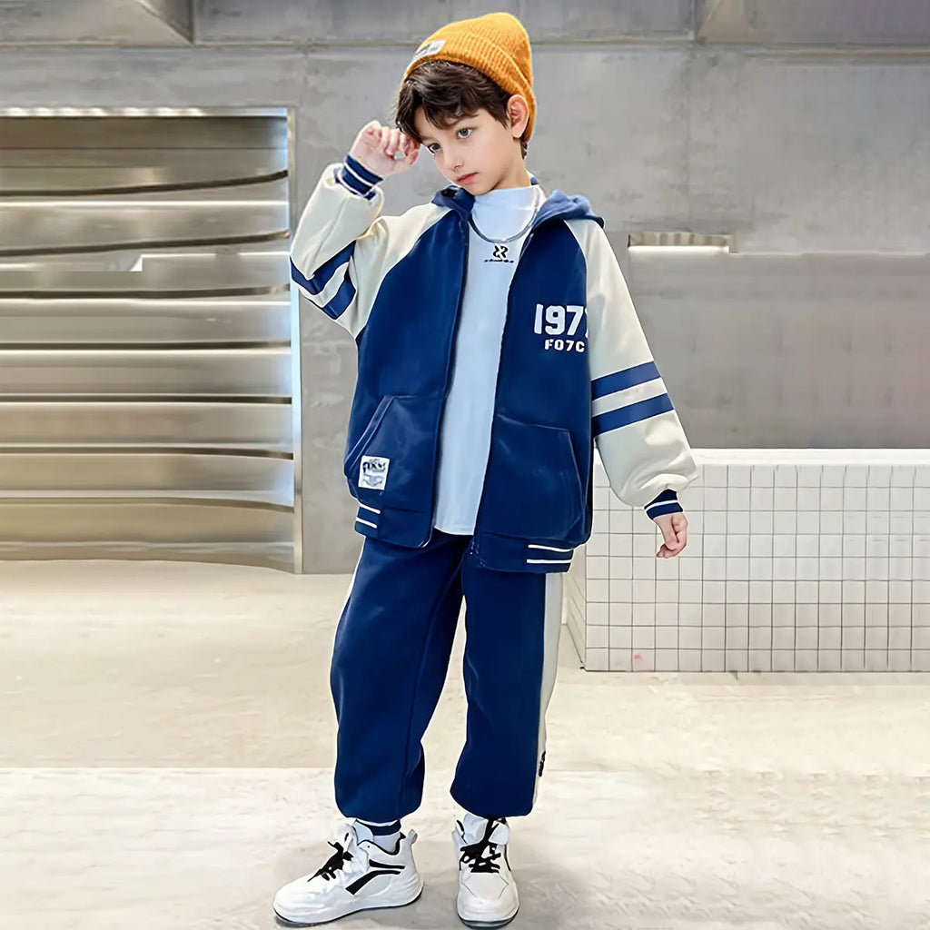 Boys Blue Alphanumeric Printed Oversized Hooded Zipper Jacket With Jogger Sets Sets Blue 5-6 Y