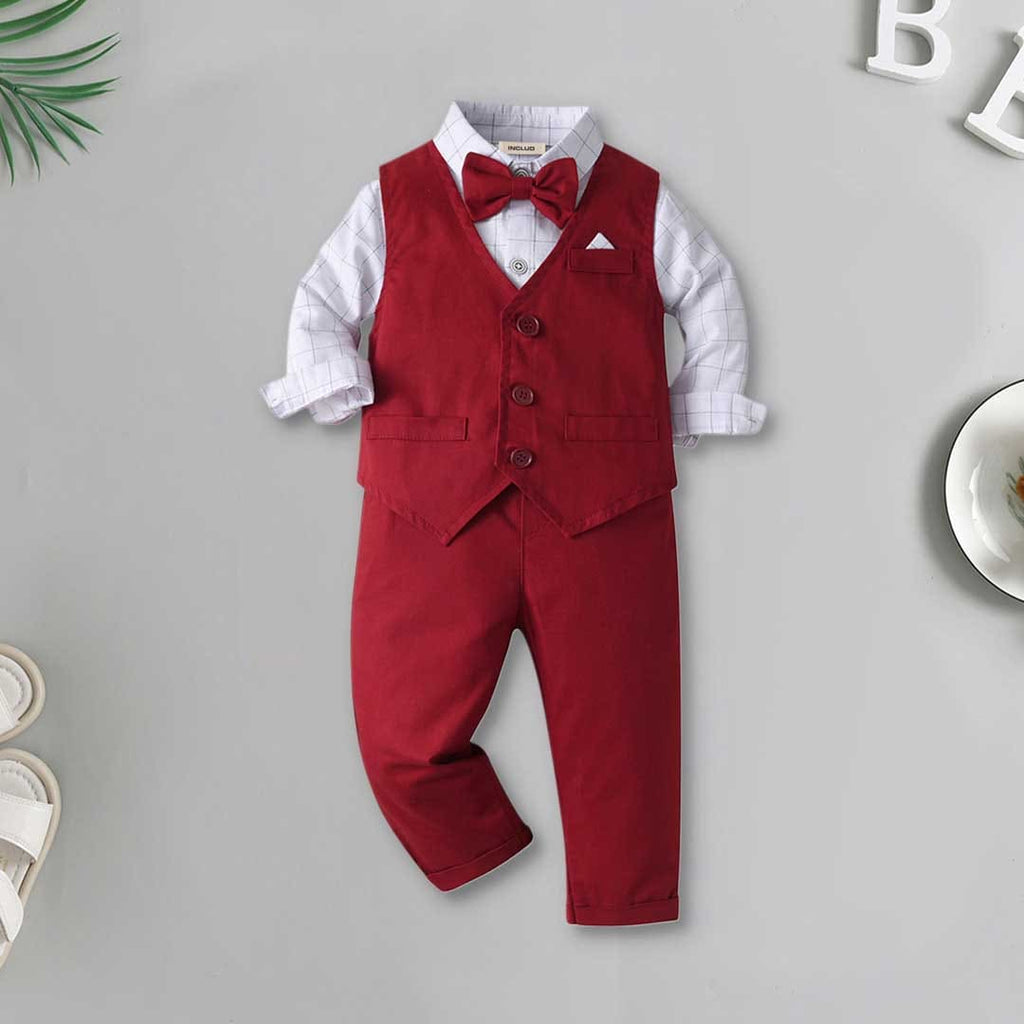 Boys Long Sleeve Checked Shirt With Waistcoat & Trouser Set 3 pc. Sets Red 1-2 Y 