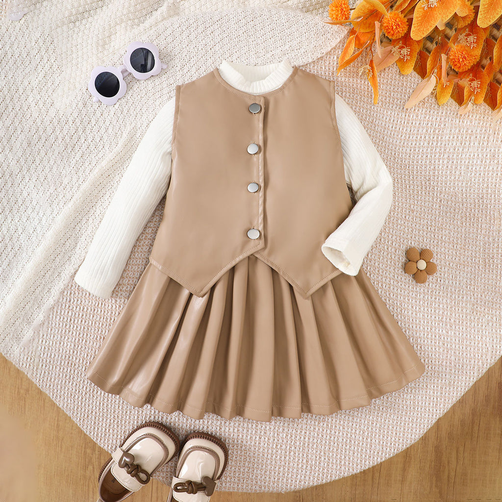Girls Beige PU Waistcoat with Pleated Skirt Set with High Neck Top Sets Beige 3-4 Y
