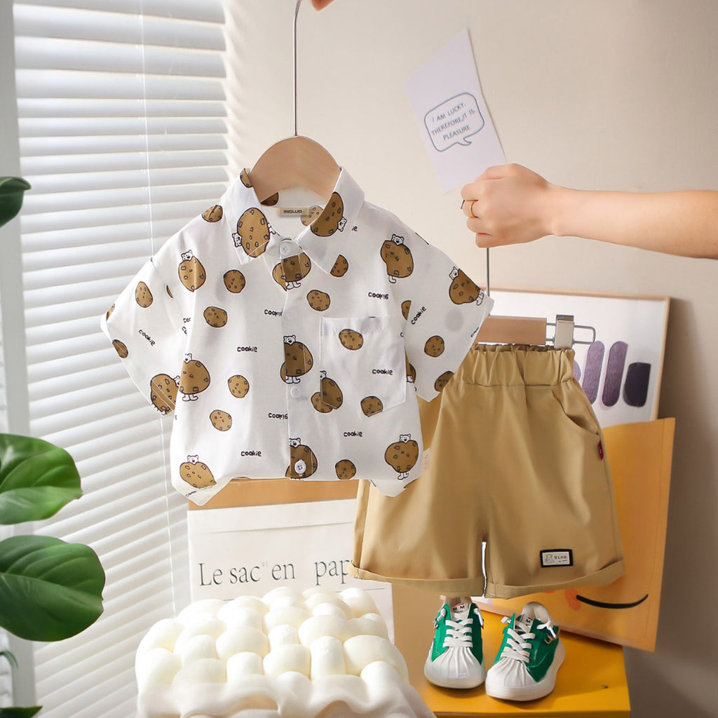 Boys Brown Cookie Printed Short Sleeves Shirt With Shorts Set 2 pc. Sets Brown 1-2 Y
