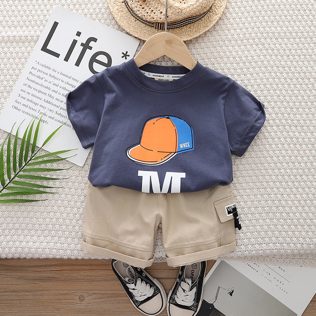 Boys Blue Cap Print Short Sleeve T-Shirt With Elasticated Shorts Set 2 pc. Sets