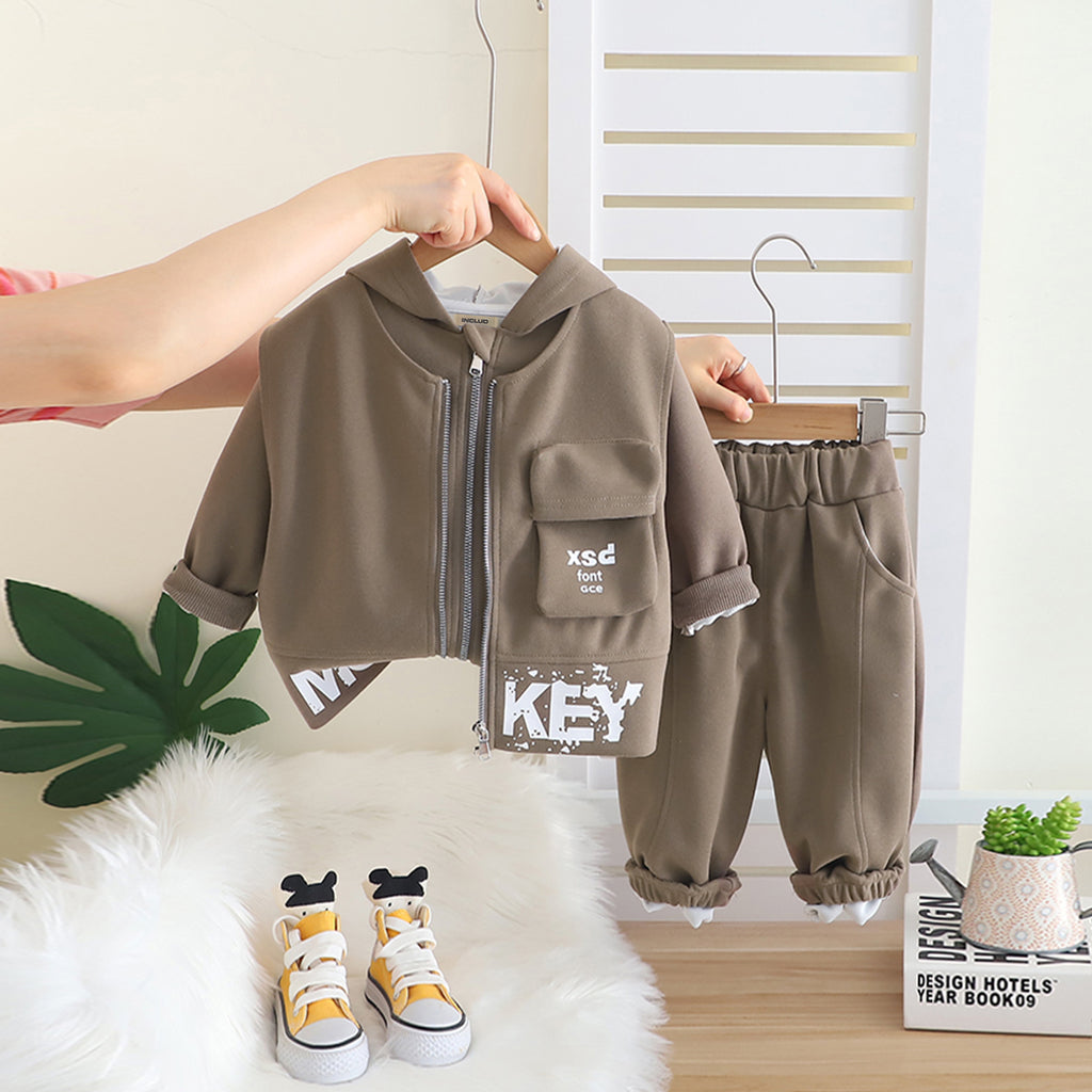 Boys Light Brown Typographic Printed Hooded Sweatshirt With Sleeveless Jacket & Joggers Set Sets Light Brown 1-2 Y