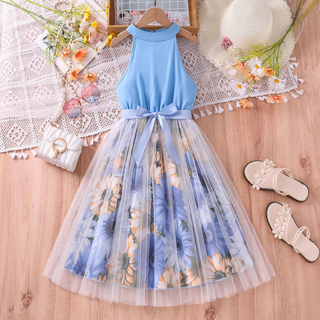 Girls Floral Print Halter Neck Dress Casual Dresses Sky Blue 7-8 Y 
