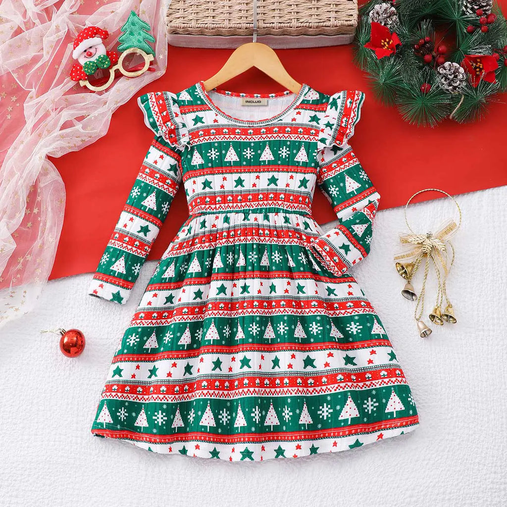Girls Green Christmas-themed Printed Fit & Flare Dress Casual Dresses Green 3-4 Y