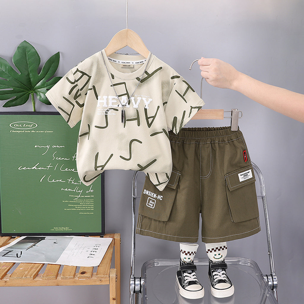 Boys Alphabetic Printed T-Shirt With Green Cargo Shorts Set 2 pc. Sets Green 1-2 Y