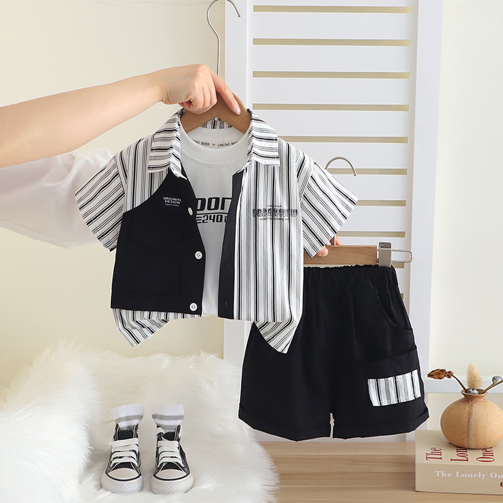 Boys Black Striped Short Sleeves Shirt With T-Shirt And Shorts Set Sets Black 1-2 Y