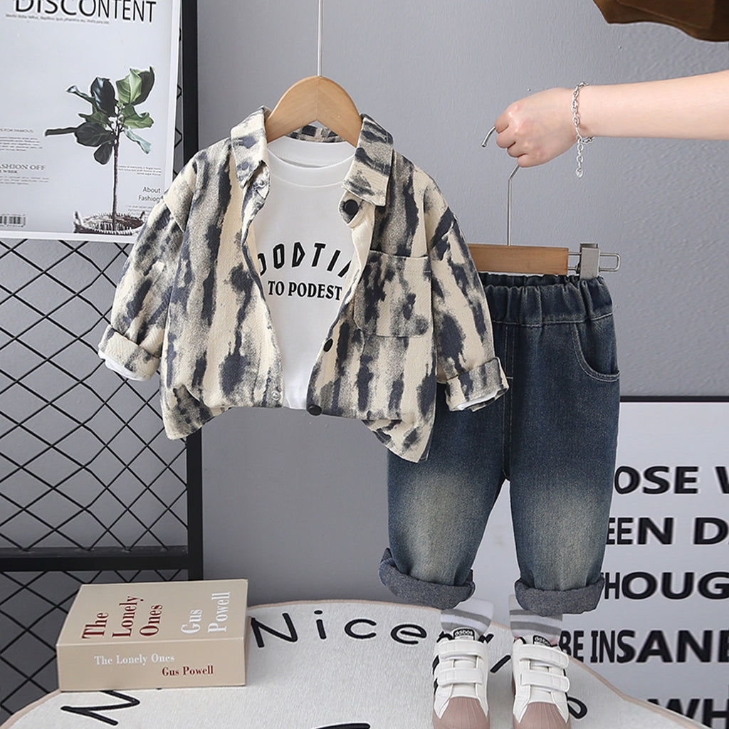 Boys Beige Abstract Printed Shirt With T-Shirt & Denim Pants Set Sets Beige 1-2 Y