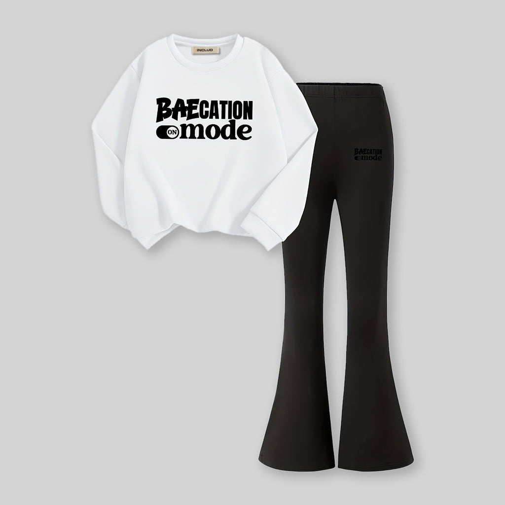 Girls White Typographic Printed Sweatshirt With Flared Pants Sets 2 pc. Sets White 7-8 Y