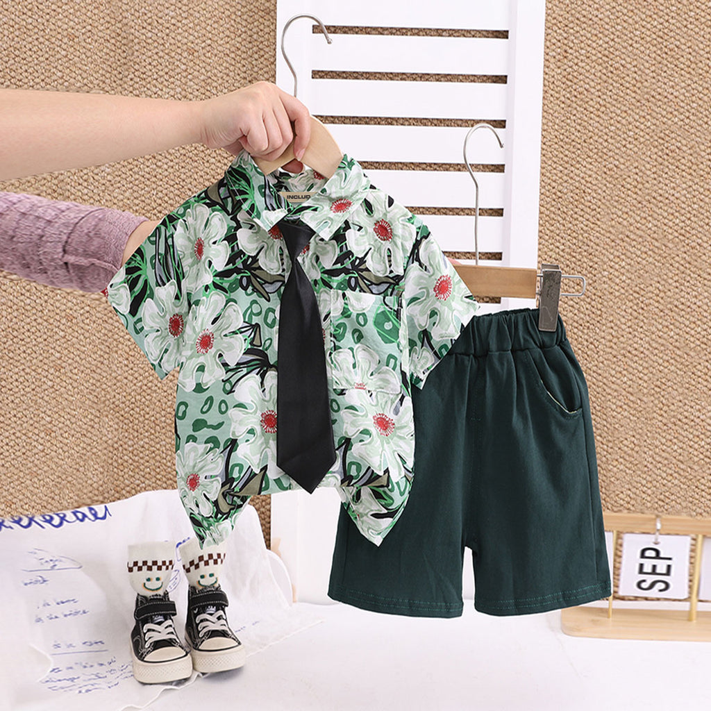 Boys Green Floral Printed Shirt With Neck Tie And Shorts Set Sets Green 1-2 Y