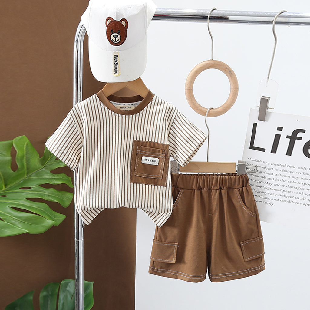 Boys Light Brown Stripe Patch Pocket Short Sleeves T-shirt With Shorts Set 2 pc. Sets Light Brown 1-2 Y