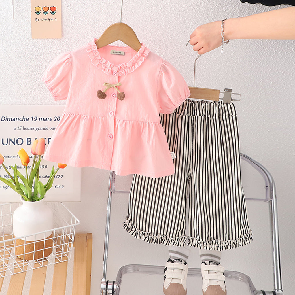 Girls Pink Puff Sleeves Frilled Neck Peplum Top With Striped Pants Set 2 pc. Sets Pink 1-2 Y