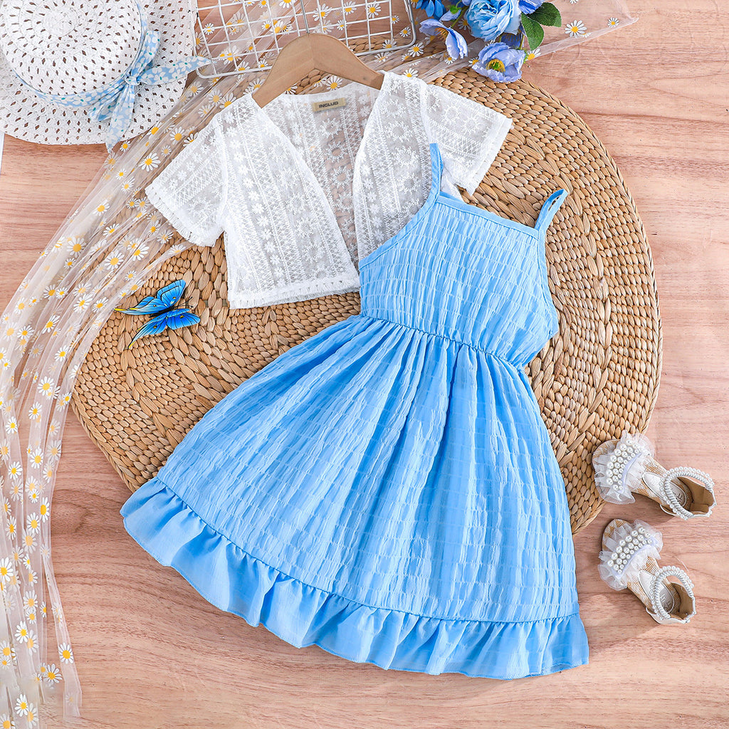 Girls Blue Self-Designed Fit & Flare Summer Casual Dress With Shrug Casual Dresses
