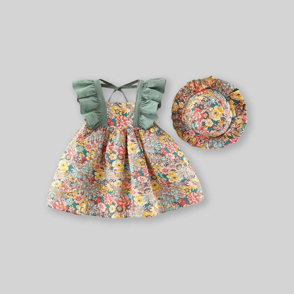Girls Floral Print Casual Ruffle Dress with Hat Casual Dresses Green 1-2 Y 