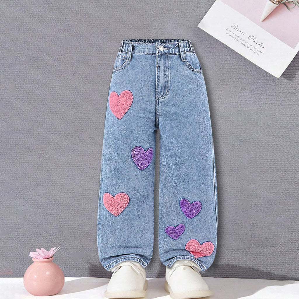 Girls Light Blue Heart Applique Denim Pants Jeans Light Blue 3-4 Y