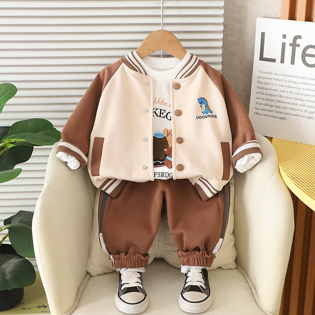 Boys Brown Solid Varsity Jacket With Printed T-Shirt & Joggers Set Sets Brown 1-2 Y
