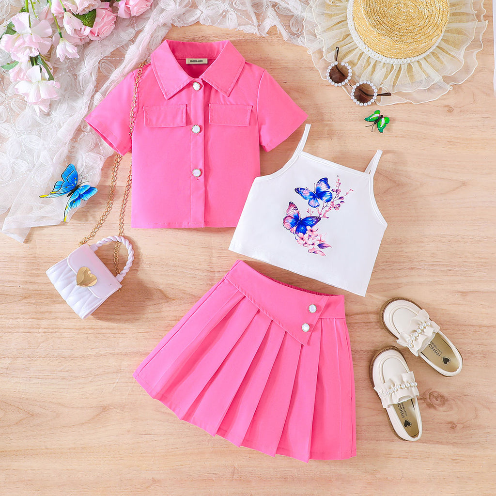 Girls Pink Short Sleeves Top With Pleated Skirt And Butterfly Printed Camisole Top Set 3 pc. Sets