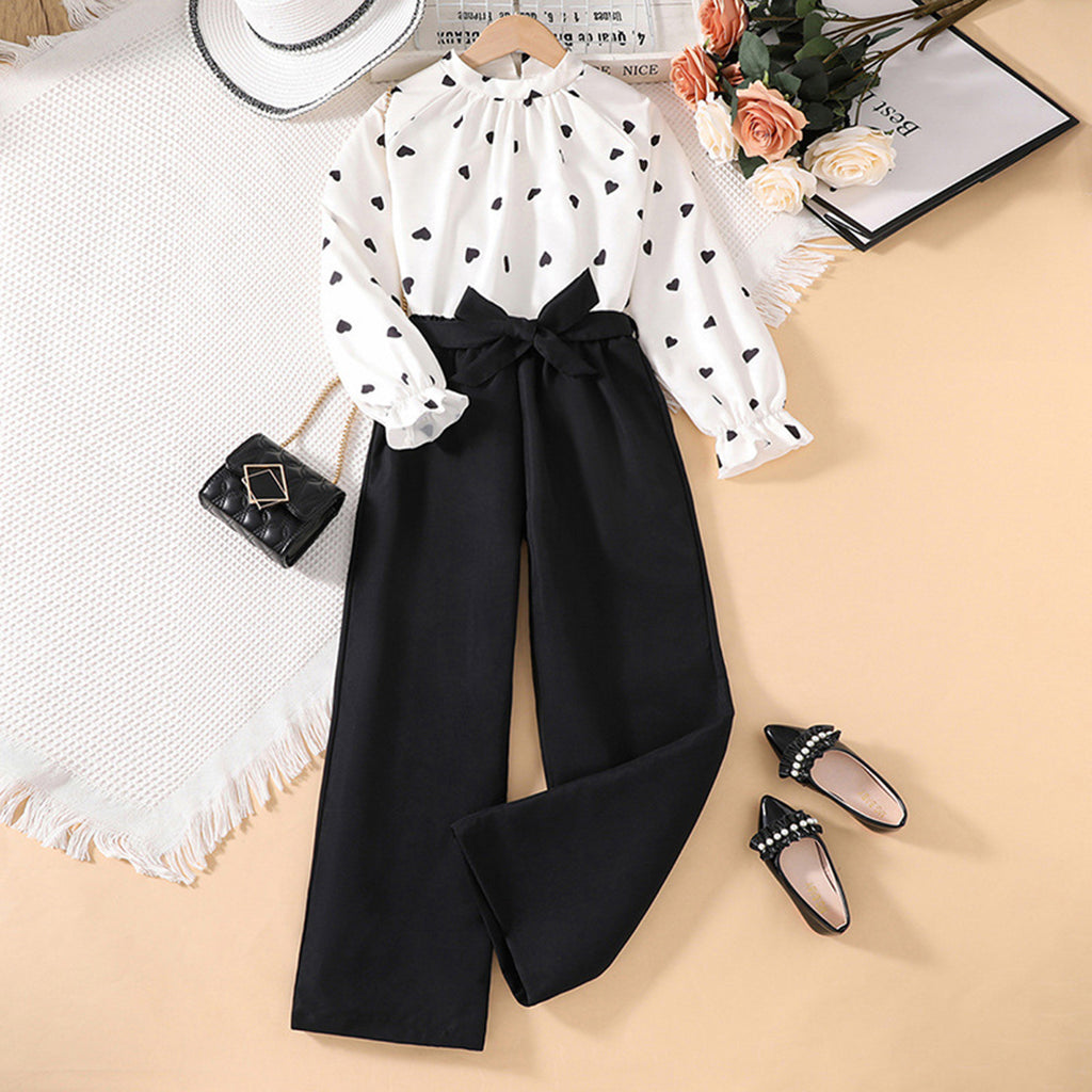 Girls Long Sleeve Heart Print Top With Trousers Set 2 pc. Sets Black 7-8 Y 